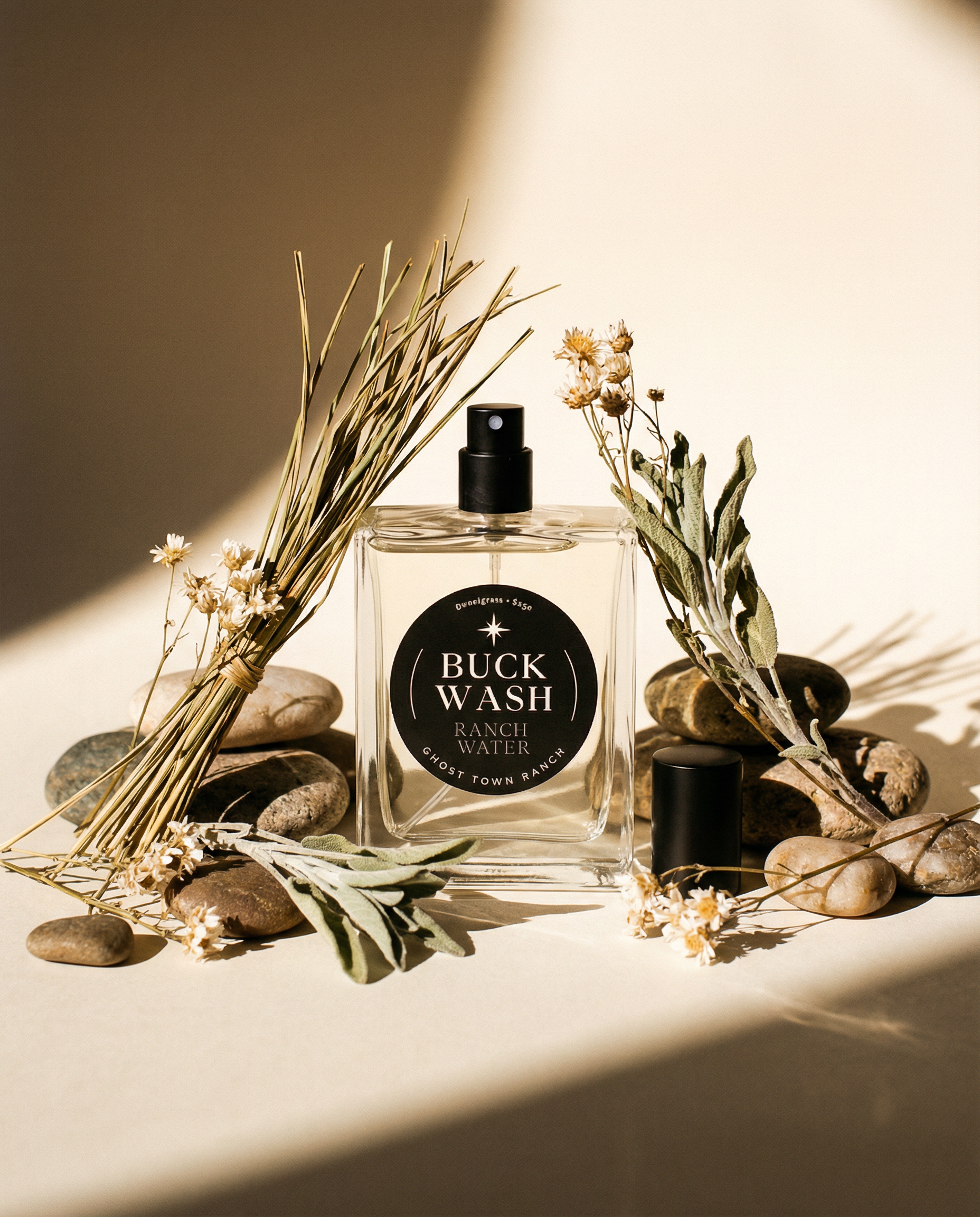 Buck Wash bottle with natural elements on a beige background