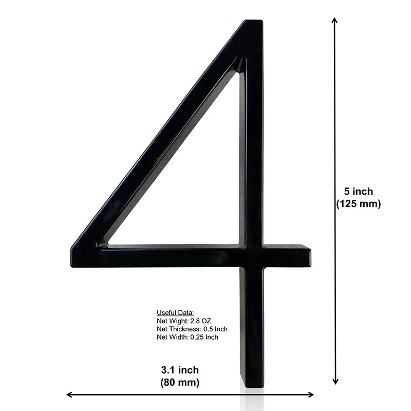 125mm 3D Black Zinc House Numbers – Arabic Numerals with Floating Doorplate Holder