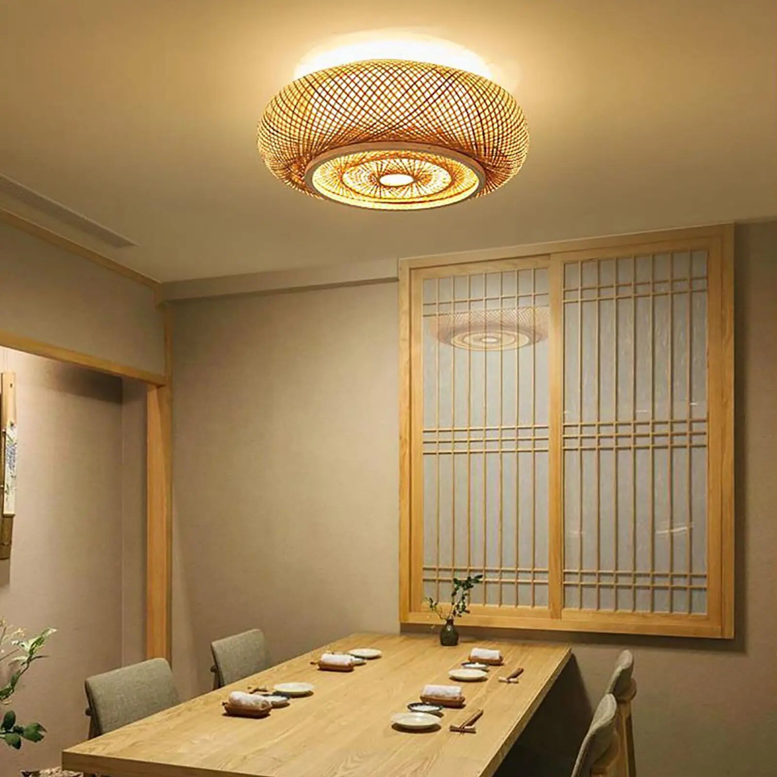 40CM Bamboo Wicker Rattan Ceiling Light Fixture - Asian Art Flush Mount Pendant Lamp