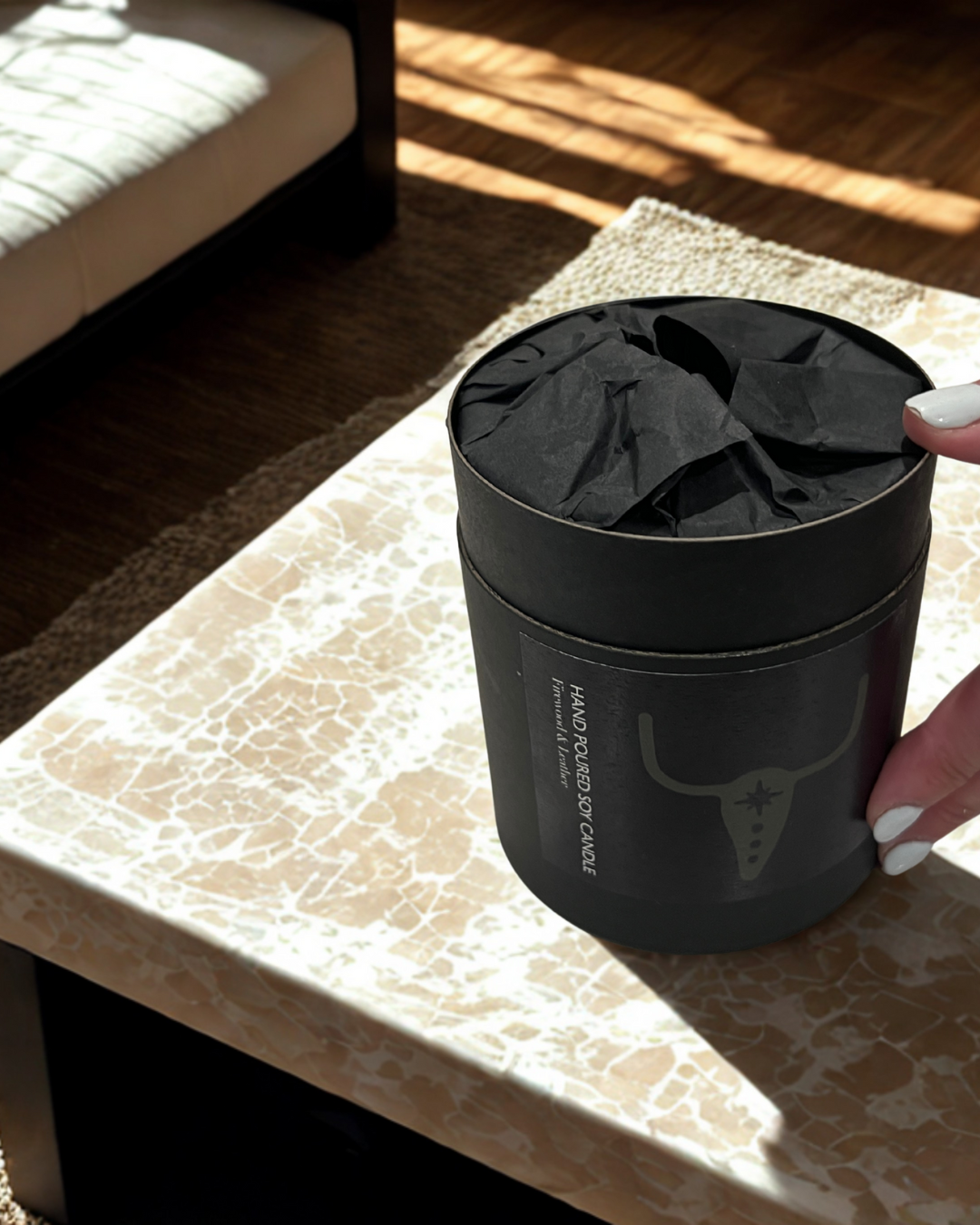 Firewood + Leather Hand Poured Soy Candle in Gift Box | GHOST TOWN RANCH