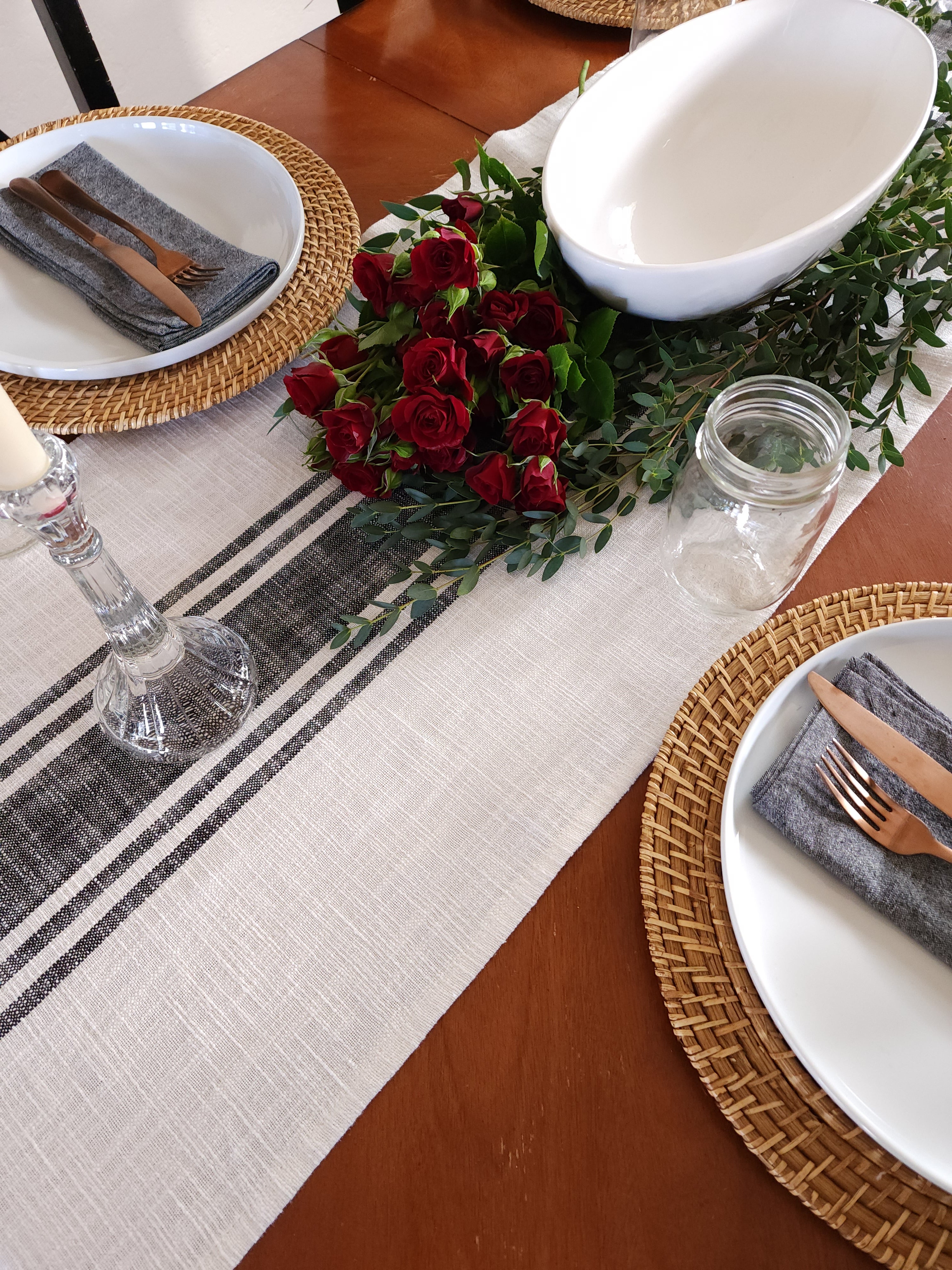 Ivory and Black Striped Rustic Table Runner by 90 West Linen Co.