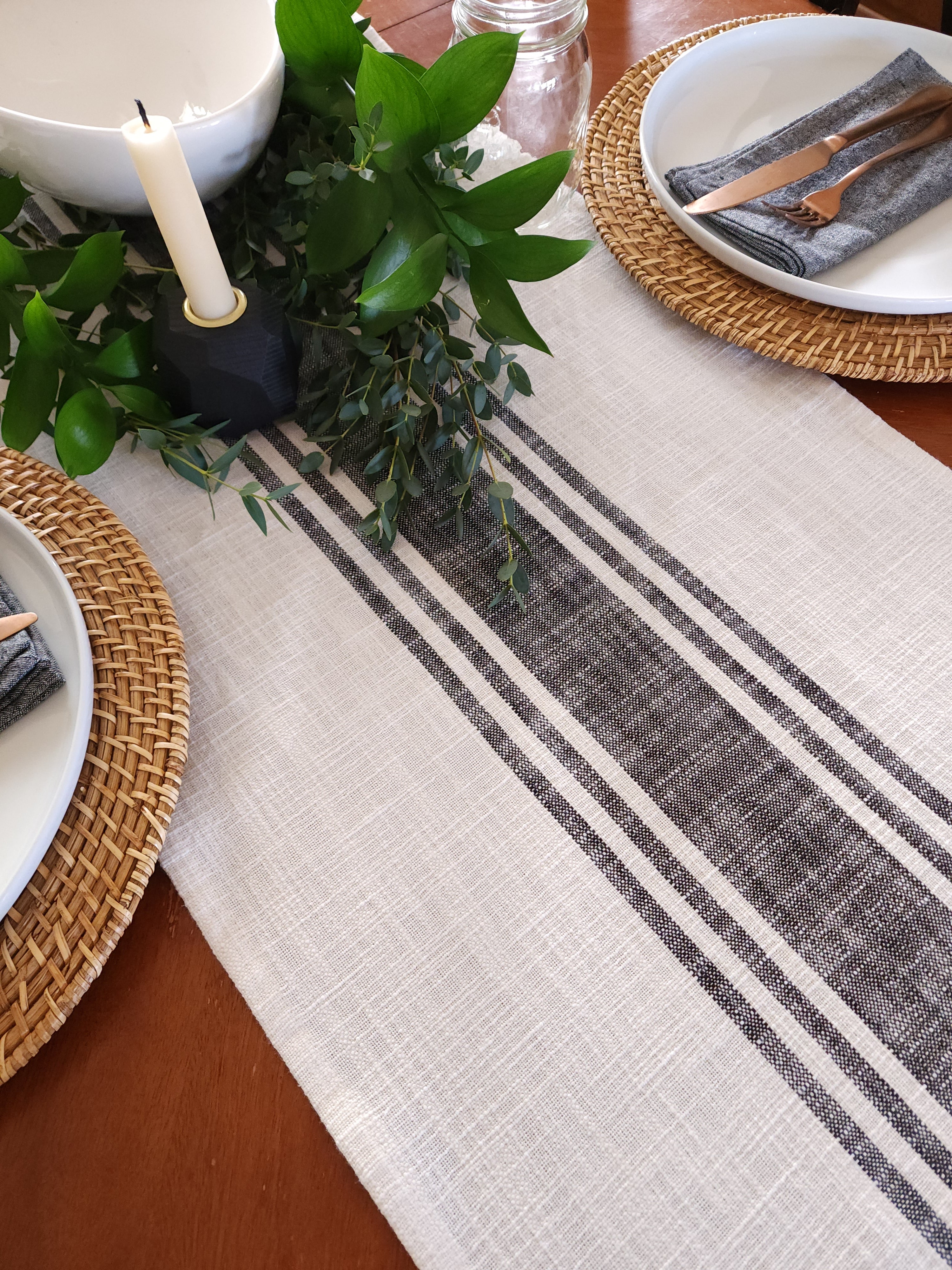 Ivory and Black Striped Rustic Table Runner by 90 West Linen Co.