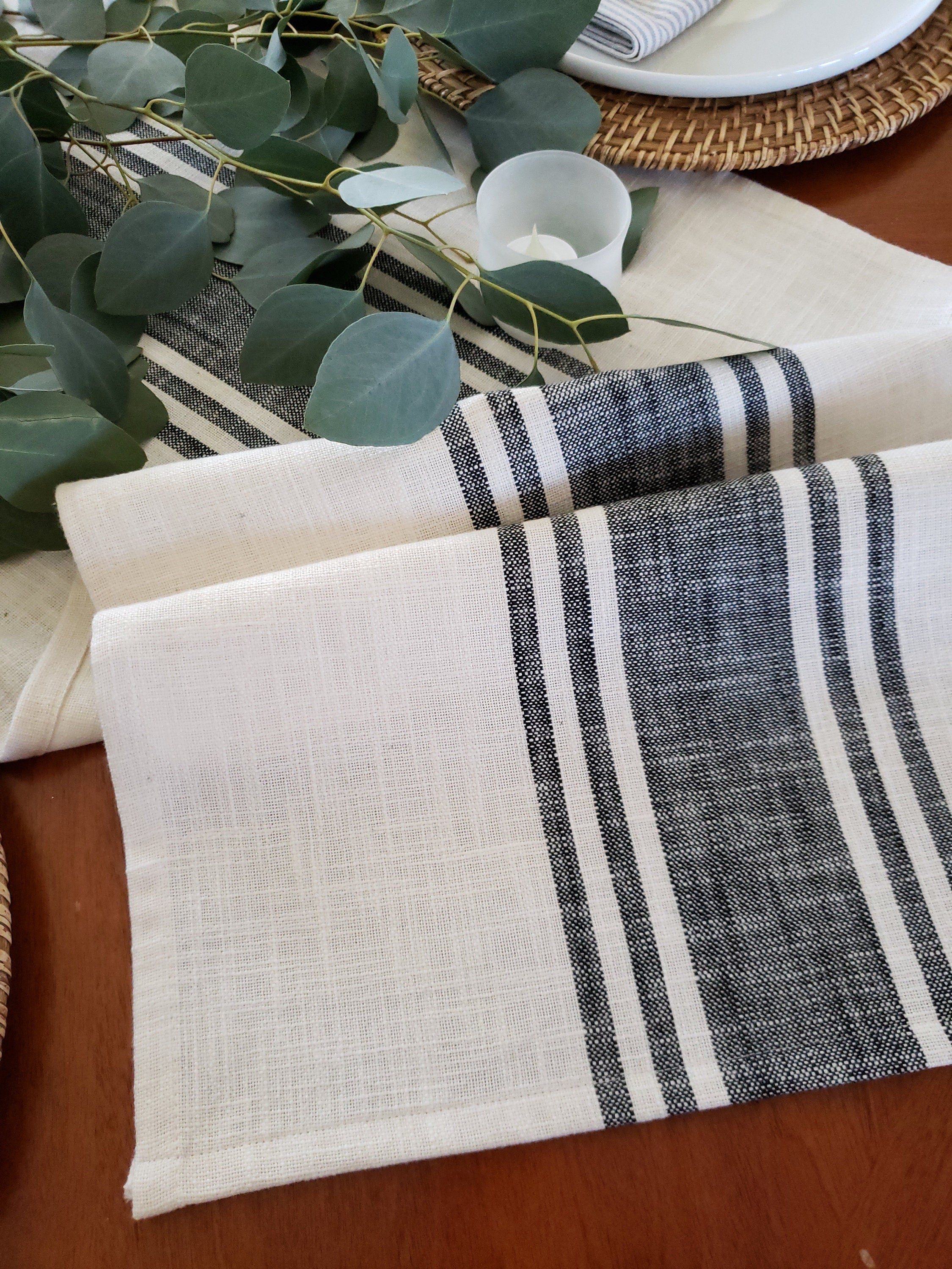 Ivory and Black Striped Rustic Table Runner by 90 West Linen Co.