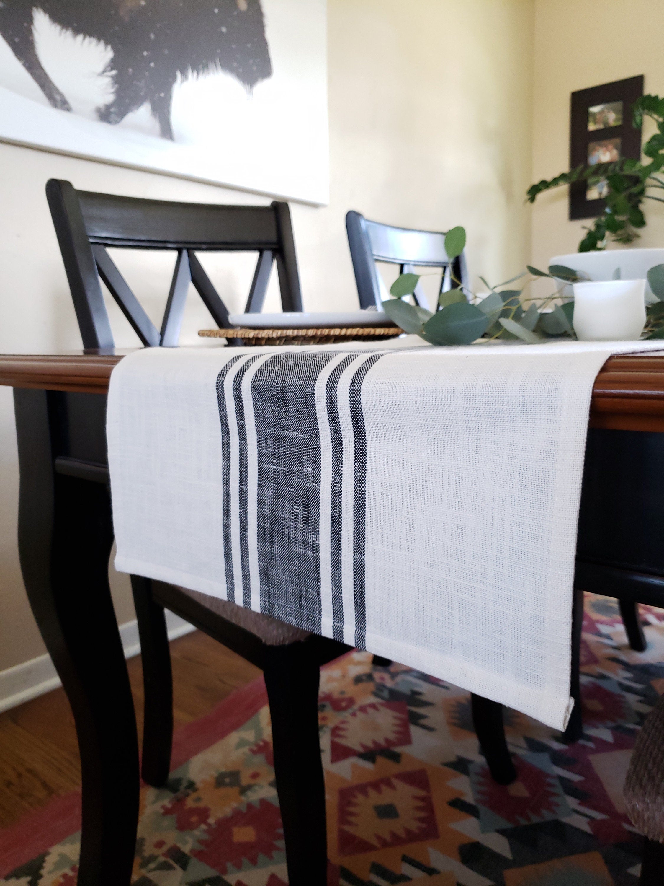 Ivory and Black Striped Rustic Table Runner by 90 West Linen Co.