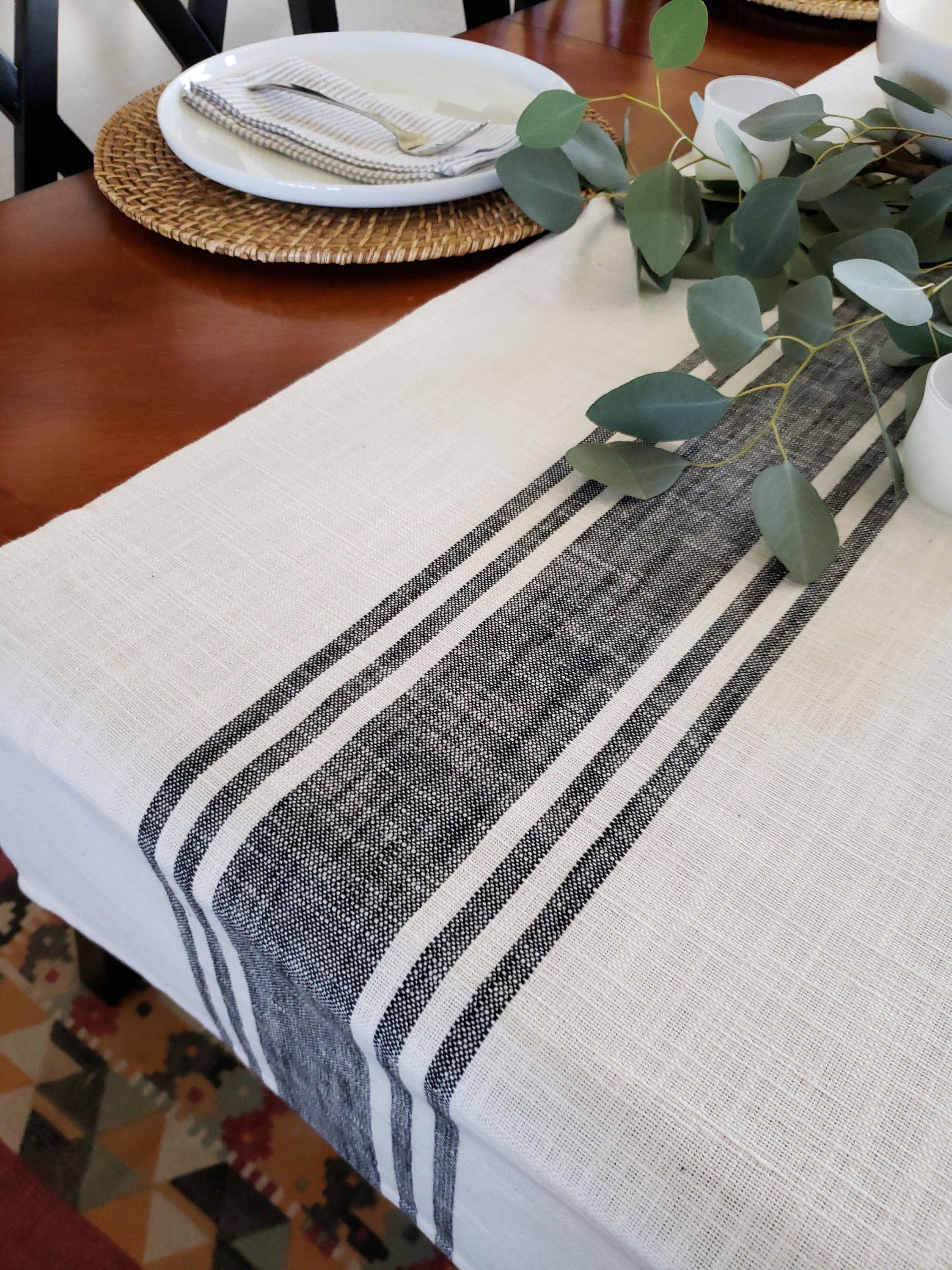 Ivory and Black Striped Rustic Table Runner by 90 West Linen Co.