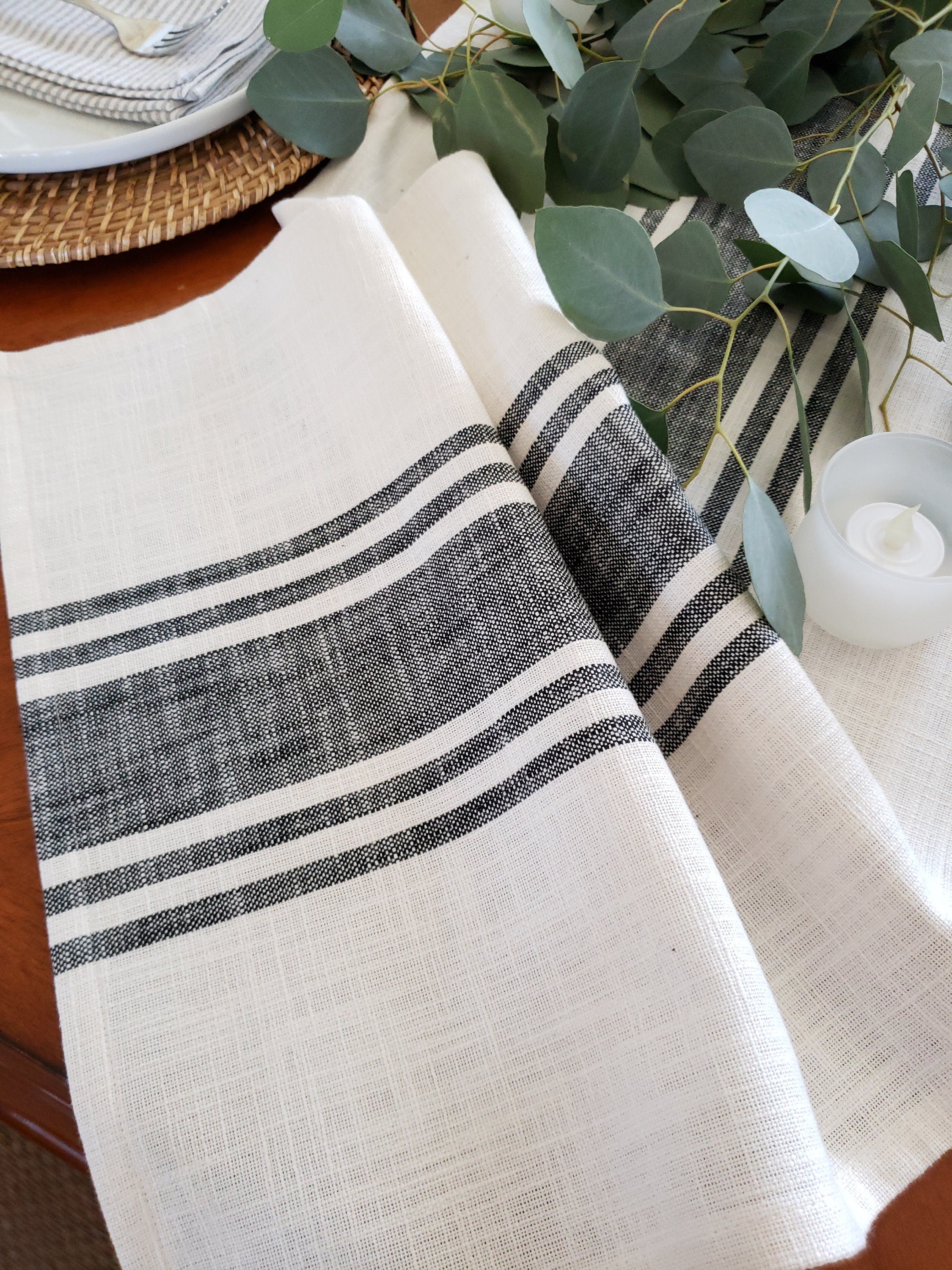 Ivory and Black Striped Rustic Table Runner by 90 West Linen Co.