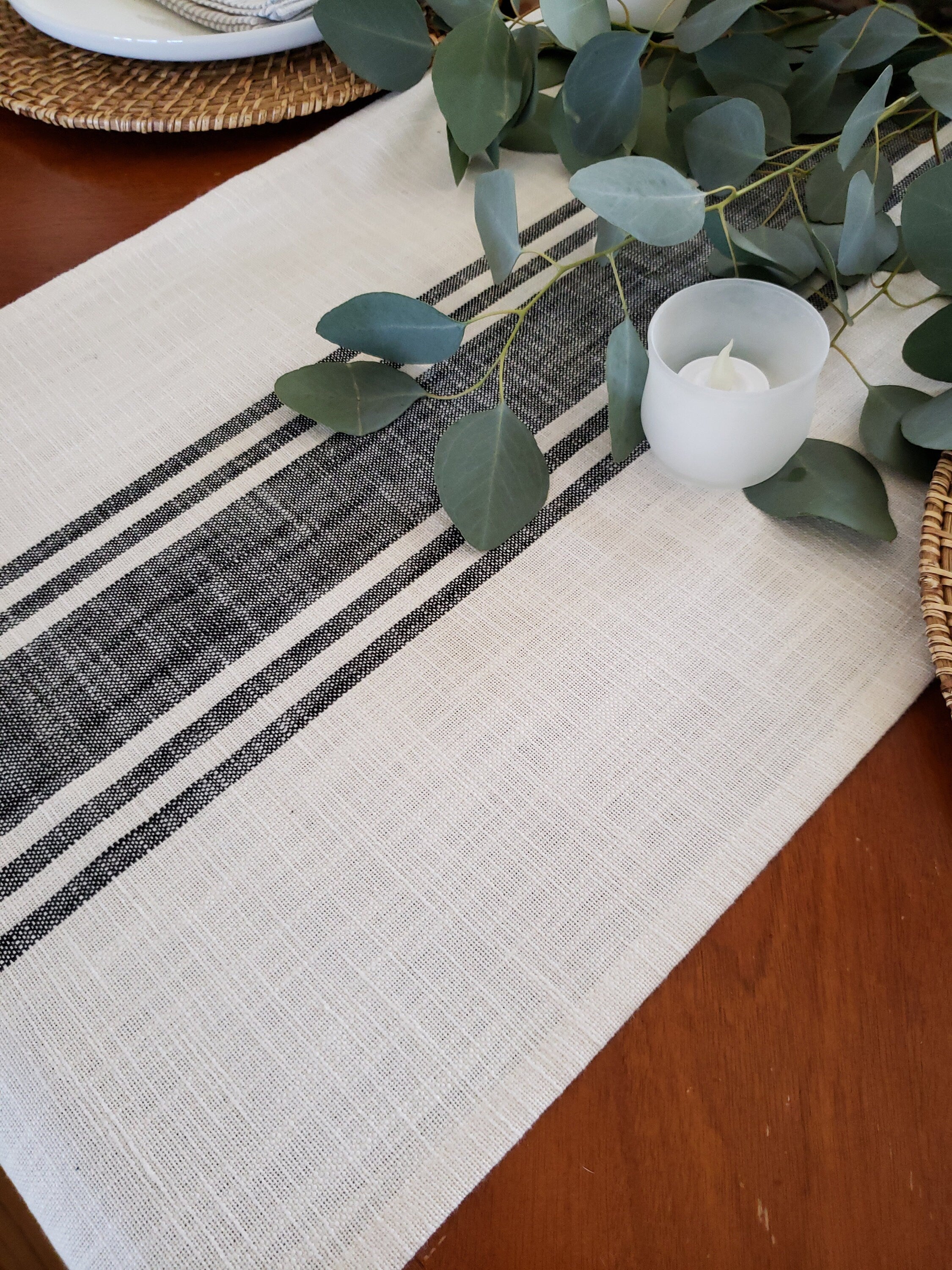 Ivory and Black Striped Rustic Table Runner by 90 West Linen Co.