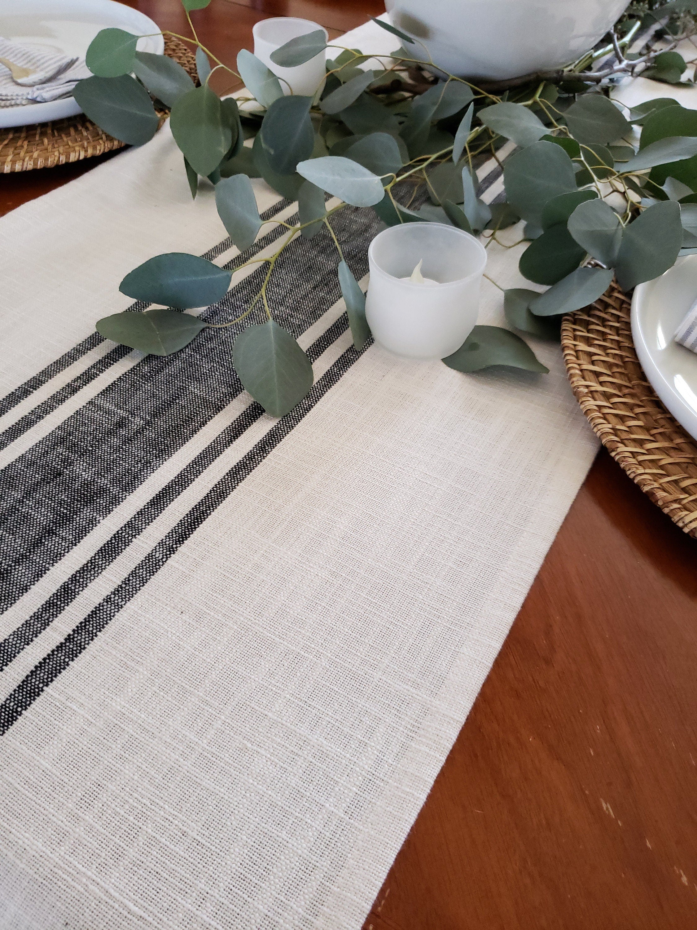 Ivory and Black Striped Rustic Table Runner by 90 West Linen Co.