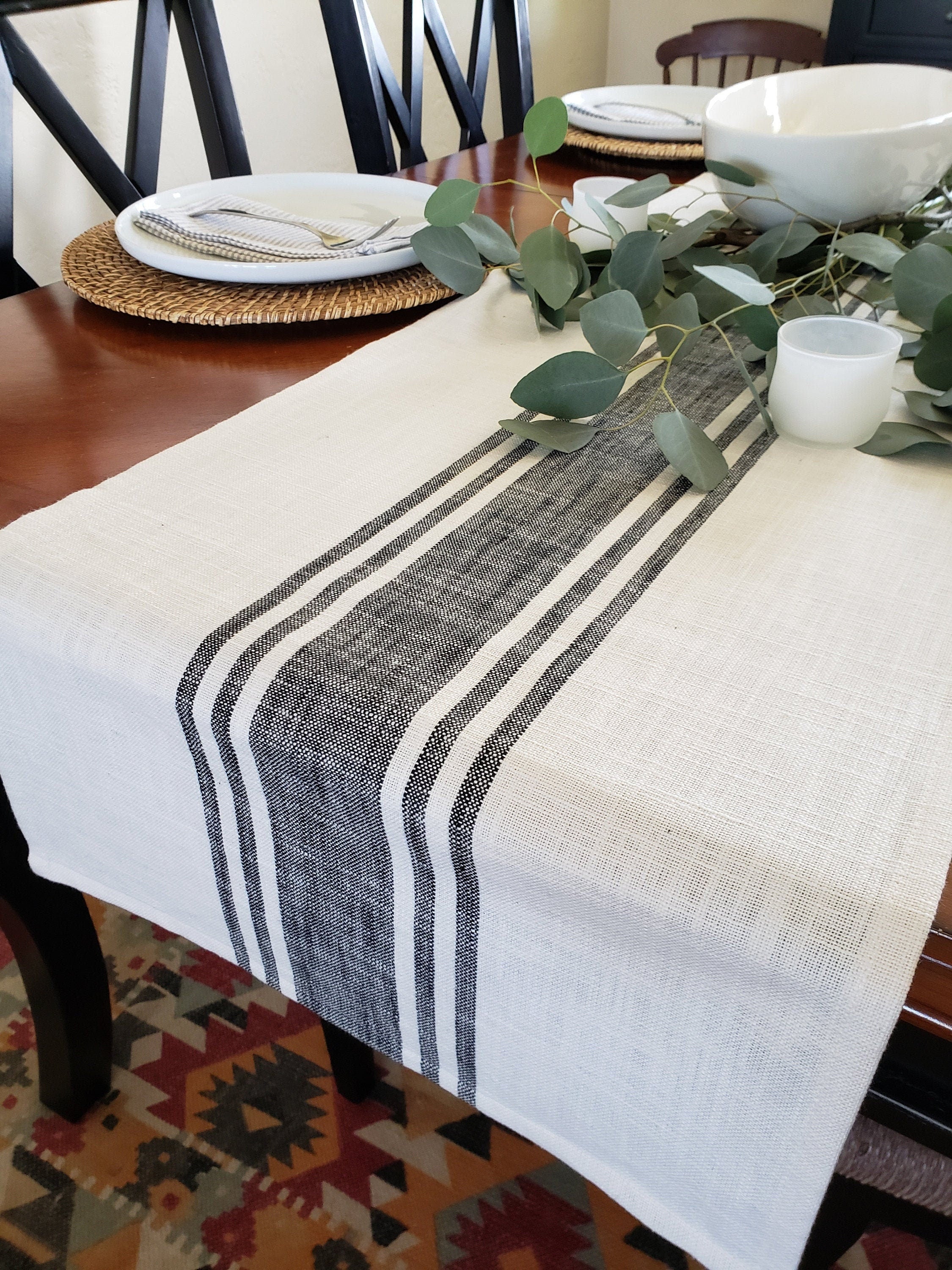 Ivory and Black Striped Rustic Table Runner by 90 West Linen Co.