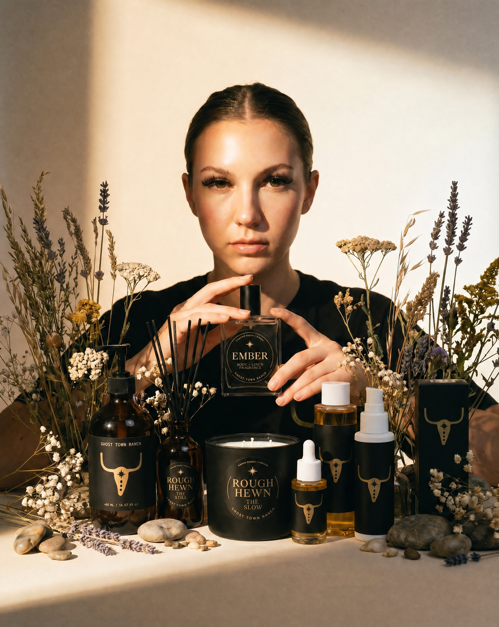 Ghost Town Ranch fragrance and home collection — Hang Dried body linen fragrance, The Monument candle, and hand wash with desert botanicals