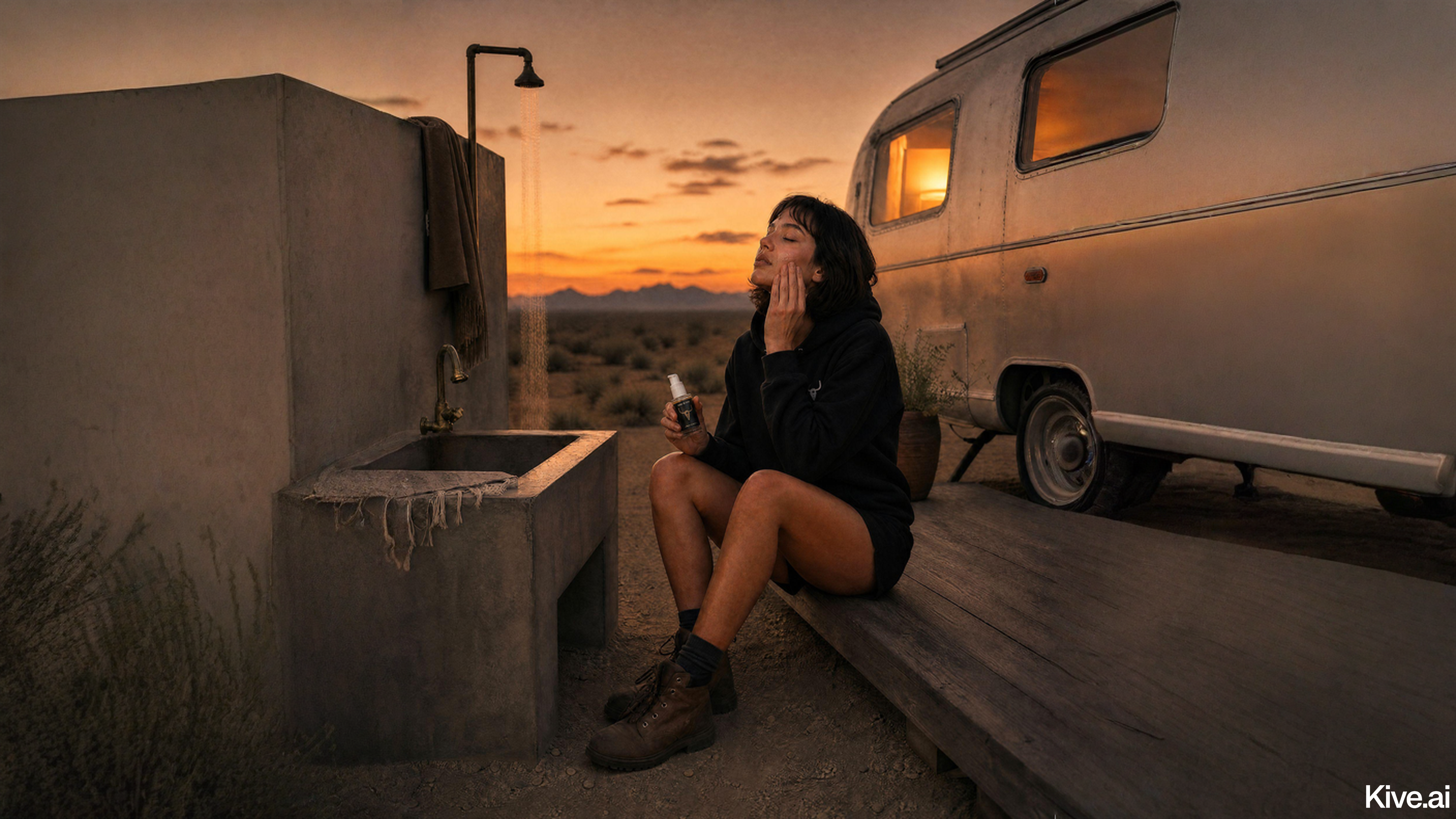 Woman applying GTR skincare at dusk beside an Airstream in the high desert, sunset behind her