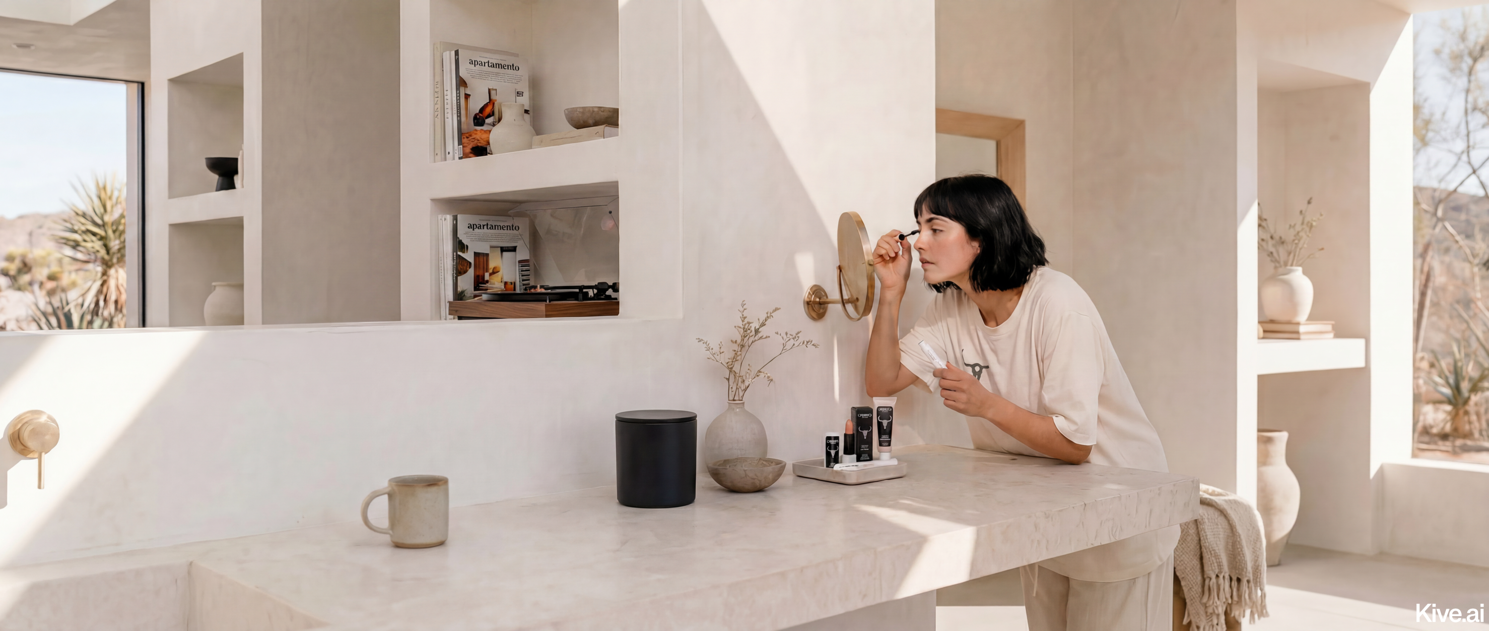 Woman applying GTR makeup at a brass mirror in a desert modernist interior, Joshua Tree outside