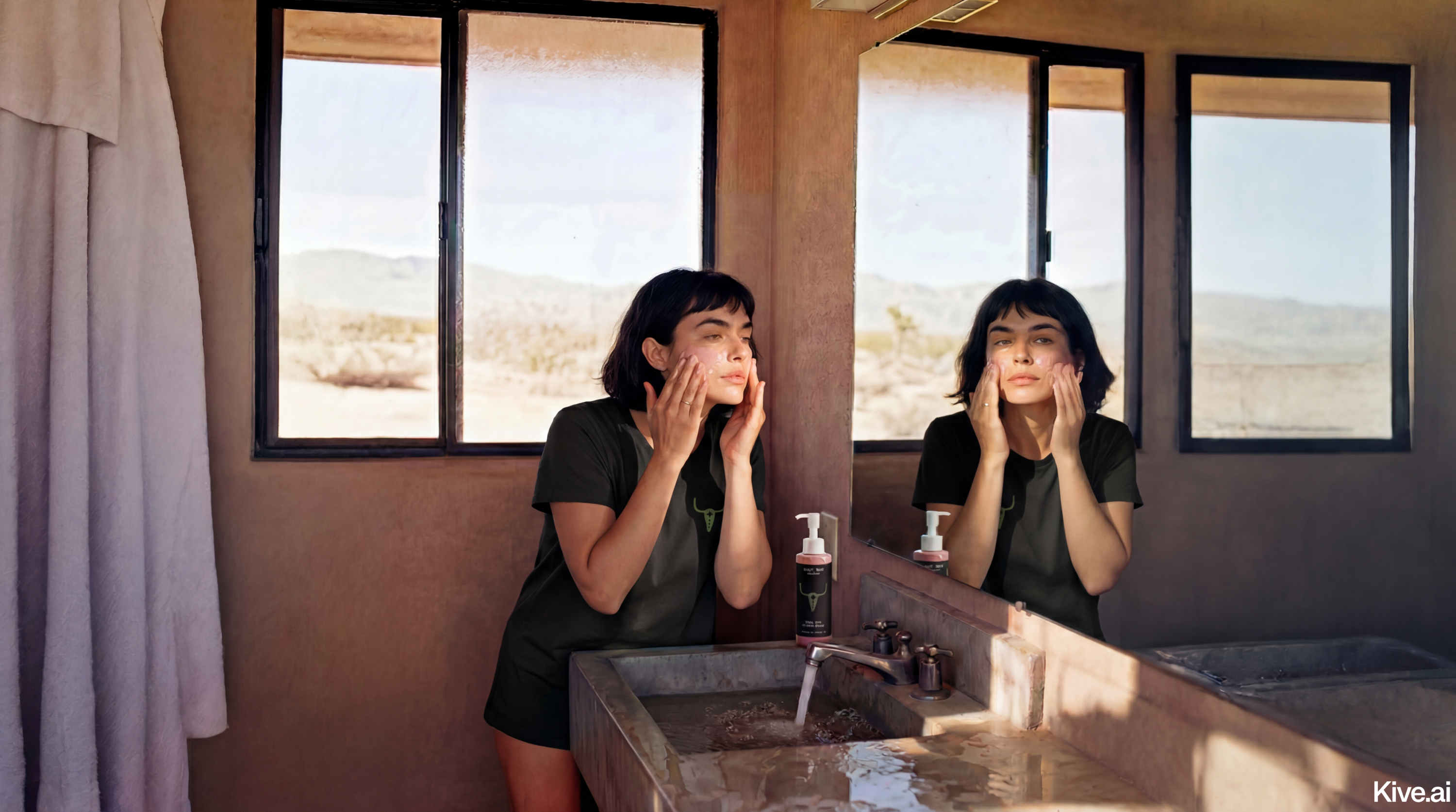 Woman applying Ghost Town Ranch skincare at a desert bathroom sink, Joshua Tree landscape behind her