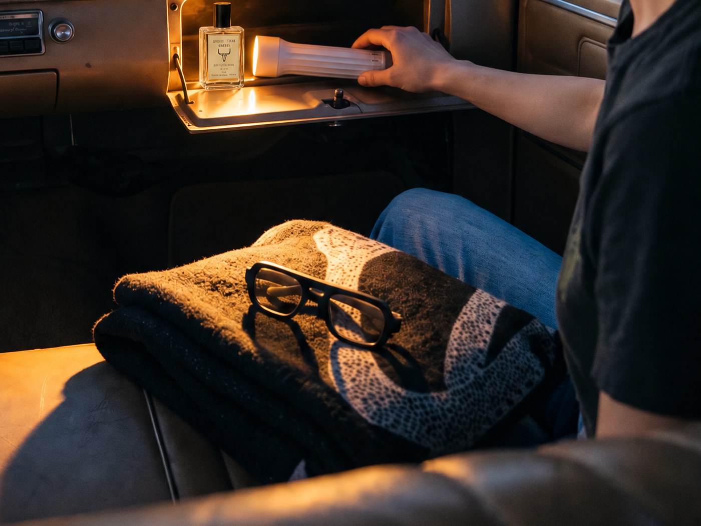 A glovebox lit at night, a bottle and sunglasses inside