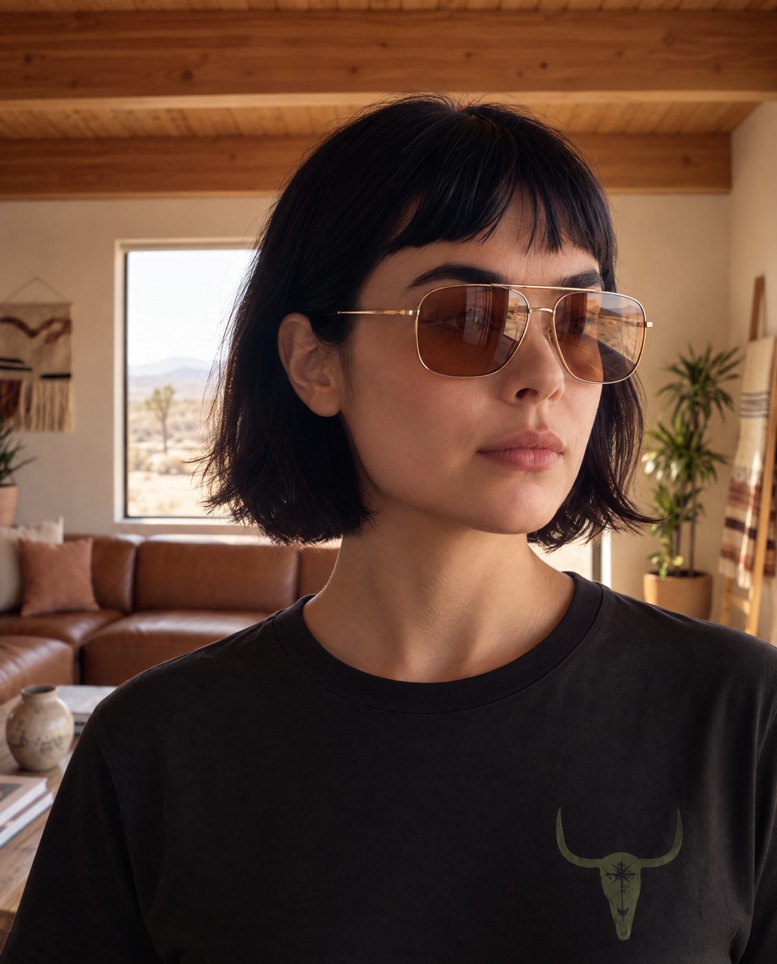 Woman in Elisa Johnson Jane gold aviators with amber lenses, desert window behind her