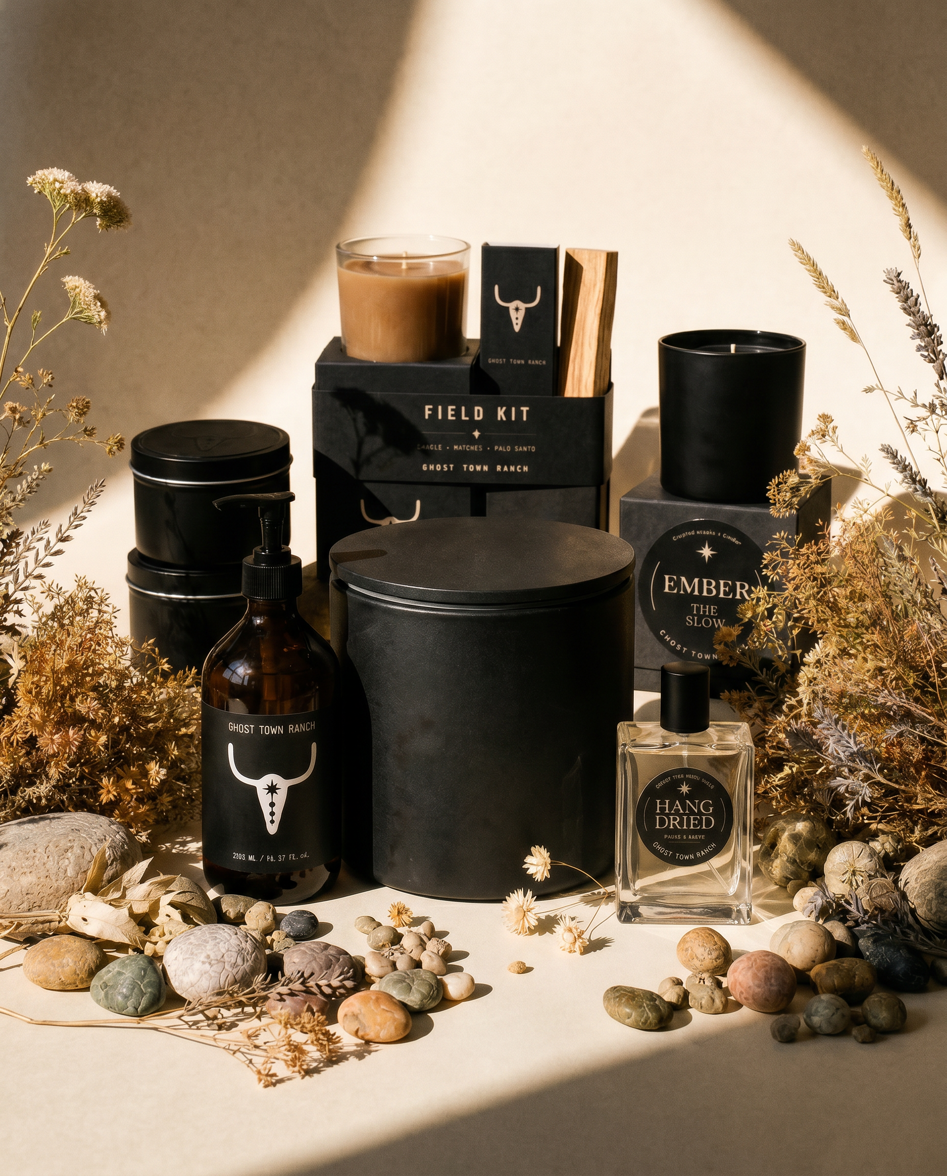 Ghost Town Ranch fragrance and home — Field Kit, The Slow, Ranch Water, Hang Dried, votives with desert botanicals