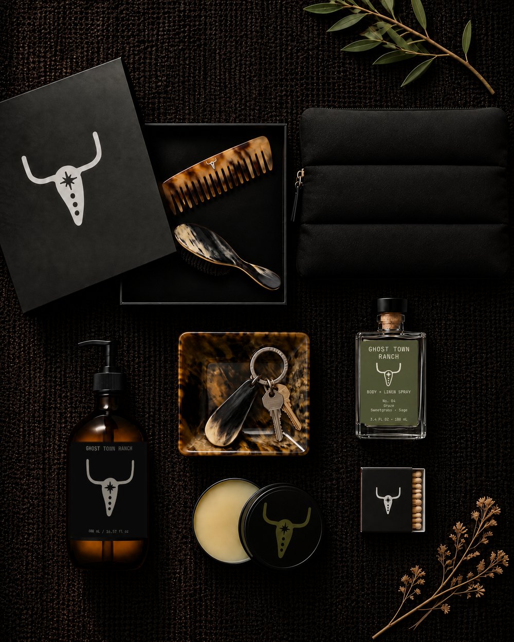 Horn comb and brush in a black Bull box, black Day Ride bag, horn valet tray with the shoehorn keyring, The Wash, Ranch Water in Graze and Beard Butter