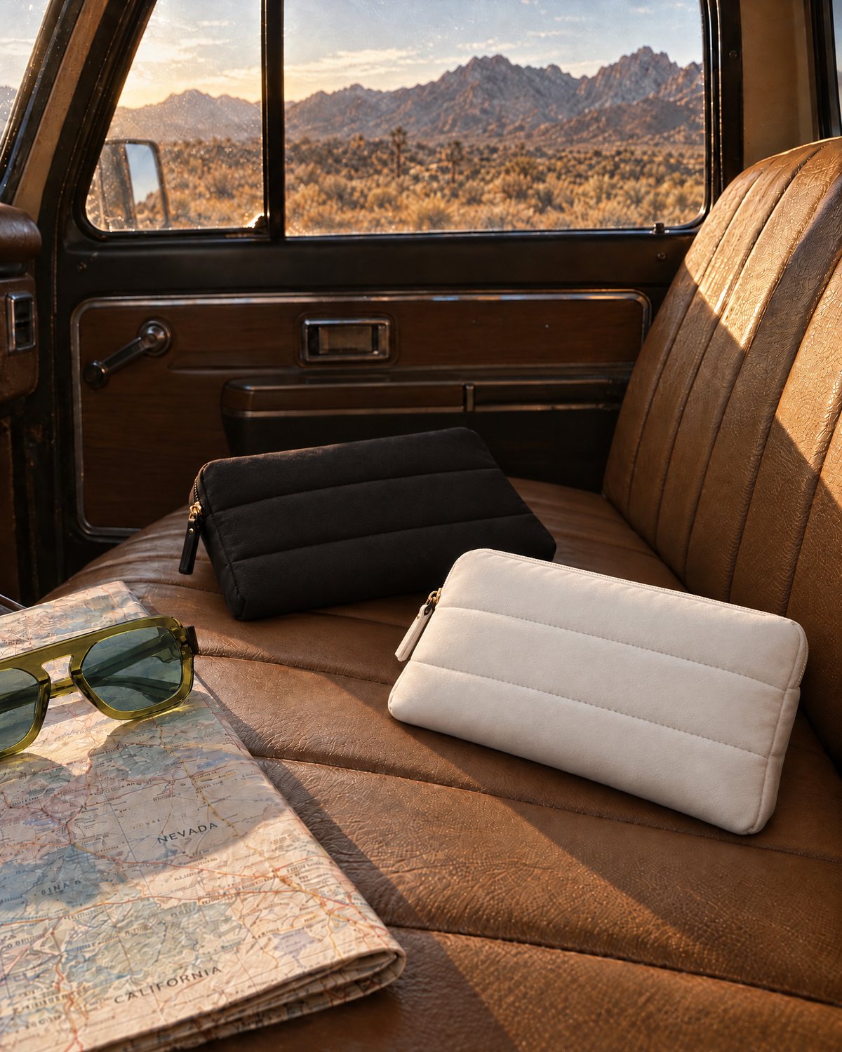 Day Ride travel sets, black and white bags on a truck bench seat