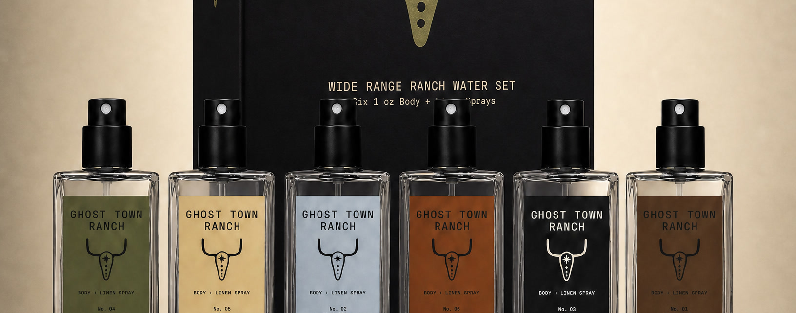 A row of Ghost Town Ranch Ranch Water bottles in the six scents